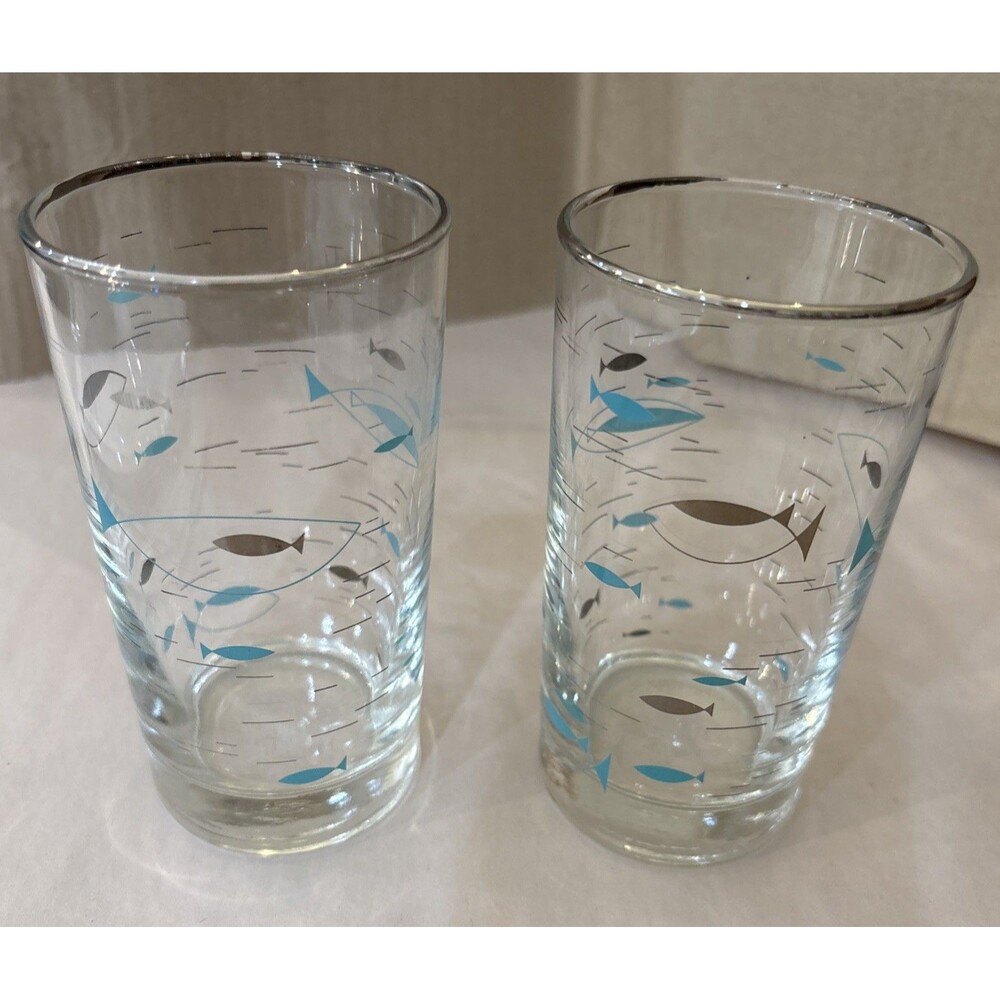 Vintage Libbey Mediterranean Atomic Fish Tumblers 4.75" Set Of Two glasses EUC
